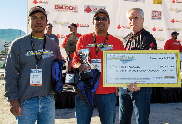 2016 Fastest Trowel on the Block winner Jose Noe Martinez (center) with tender Heriberto Estrada (left) is presented the $8,000 grand prize from MCAA Chairman Mark Kemp (right).