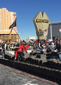 Journeyman masons and their tenders compete in a 20-minute heat in the Fastest Trowel on the Block competition.