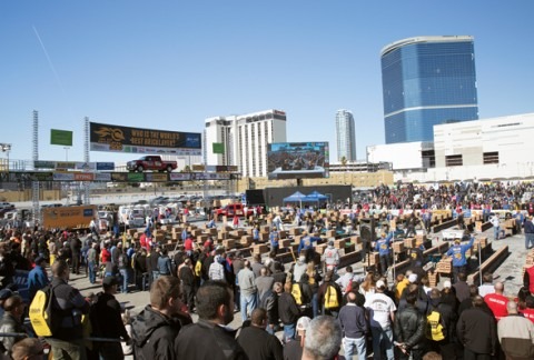 The crowd cheers on their favorite masons in the Spec Mix Bricklayer 500.