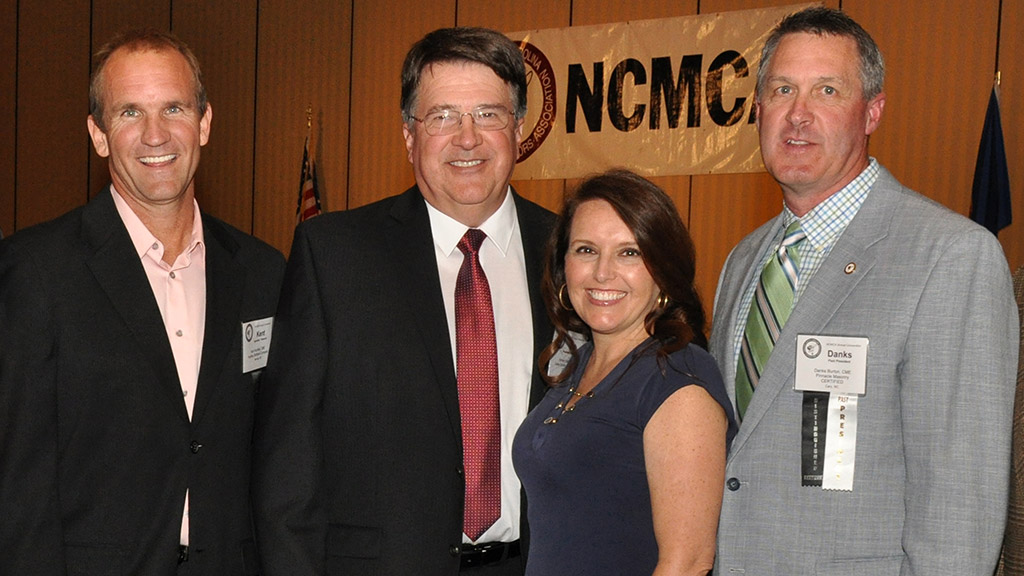 New Association officers for the 2016—2018 term. Left to right: Kent Huntley, Huntley Brothers Co., President-Elect; Bob Gates, Gates Construction Co., President; Ashlee K. Moore, Koontz Masonry, Chairman; and Danks Burton, Pinnacle Masonry, Secretary-Treasurer. Not pictured: Eastern Region Vice President Doug Burton, Whitman Masonry; Central Region Vice President Brandon Hartsell, Gates Construction Co.; and Don Caldwell, C & R Masonry.